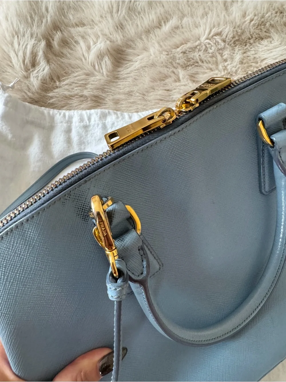 Prada Light Blue Saffiano Leather Satchel with Gold Hardware